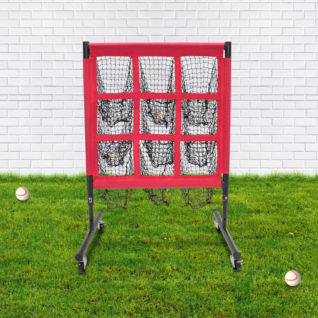 Baseball & Golf Training Net, Polyester Mesh & Iron Frame, 9-Grid Design, 3 Adjustable Heights, Red, With Universal Wheels