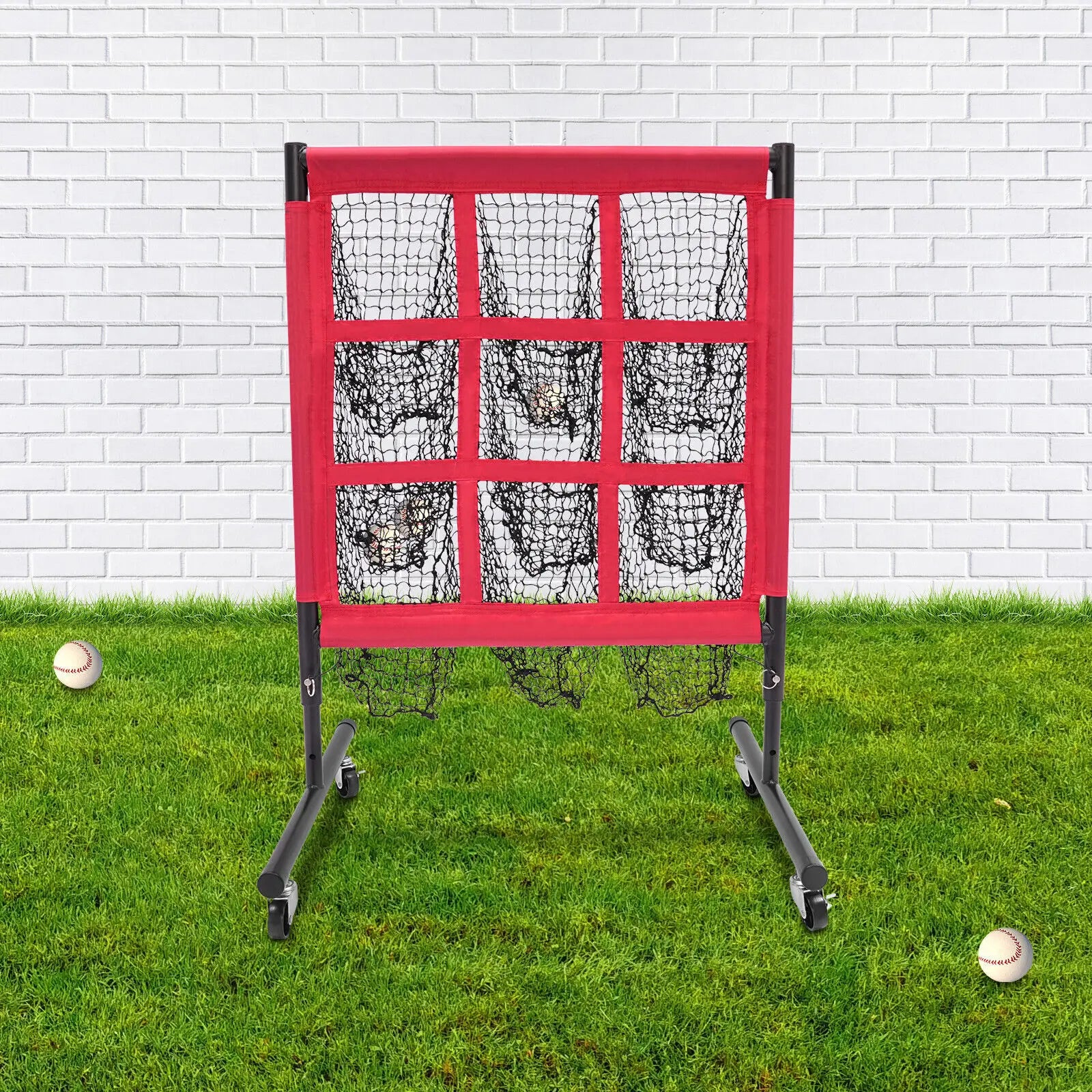 Baseball & Golf Training Net, Polyester Mesh & Iron Frame, 9-Grid Design, 3 Adjustable Heights, Red, With Universal Wheels