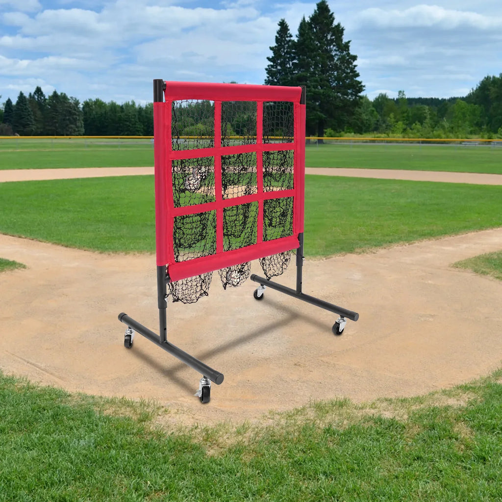 Baseball & Golf Training Net, Polyester Mesh & Iron Frame, 9-Grid Design, 3 Adjustable Heights, Red, With Universal Wheels