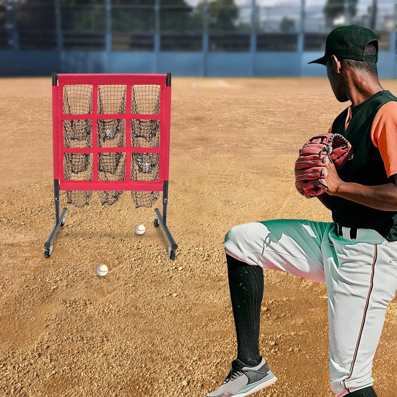 Baseball & Golf Training Net, Polyester Mesh & Iron Frame, 9-Grid Design, 3 Adjustable Heights, Red, With Universal Wheels
