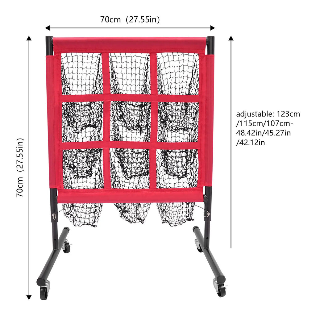 Baseball & Golf Training Net, Polyester Mesh & Iron Frame, 9-Grid Design, 3 Adjustable Heights, Red, With Universal Wheels