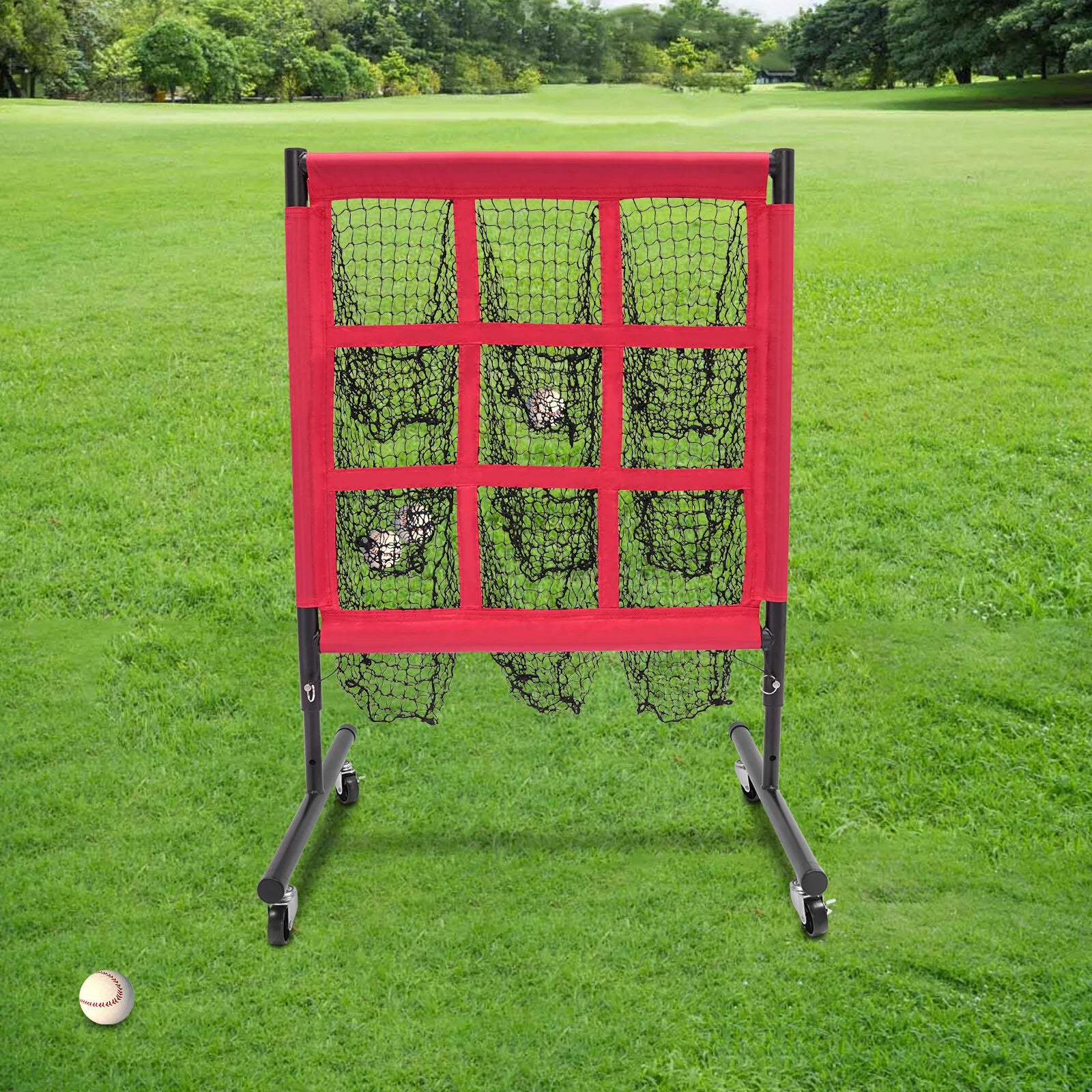 Baseball & Golf Training Net, Polyester Mesh & Iron Frame, 9-Grid Design, 3 Adjustable Heights, Red, With Universal Wheels
