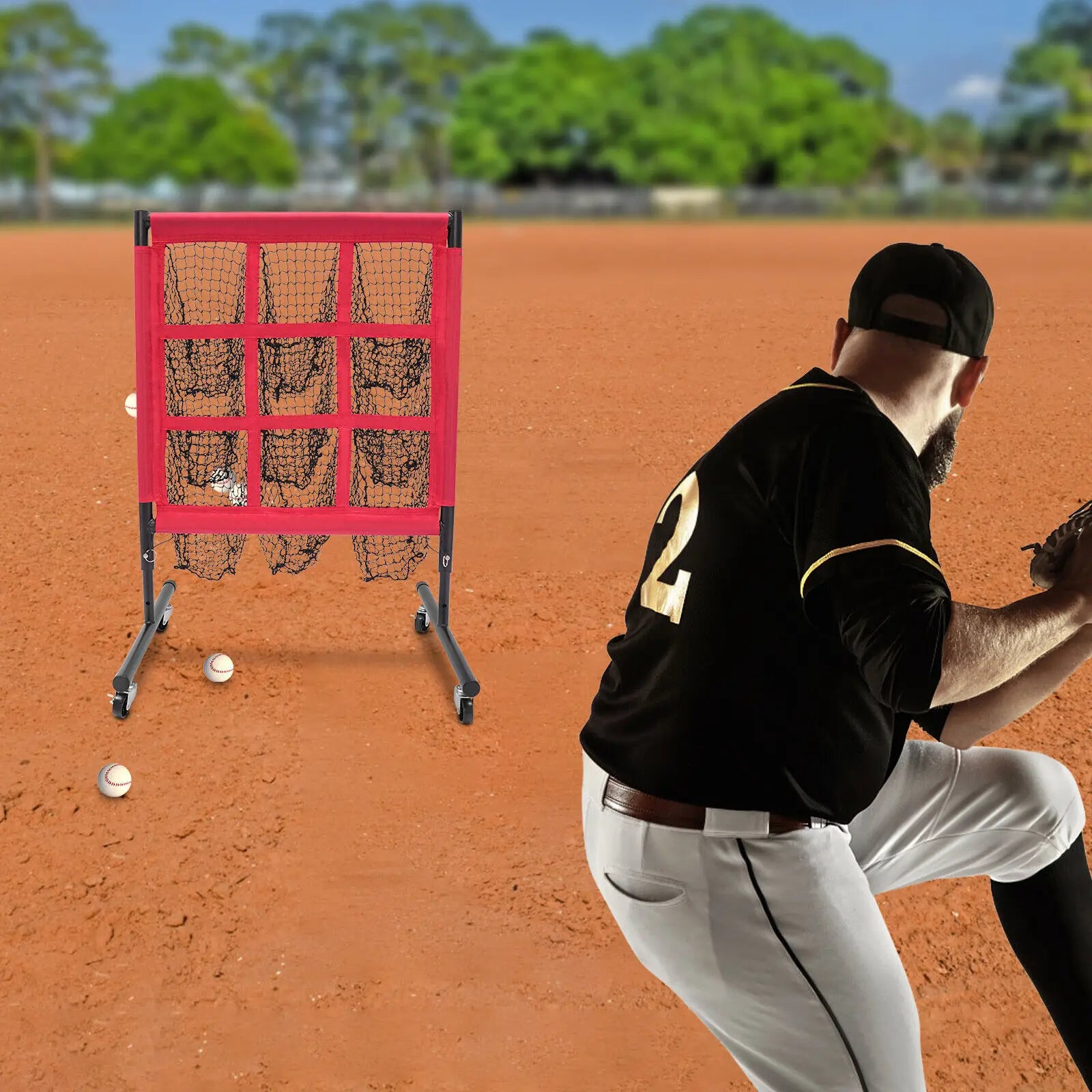 Baseball & Golf Training Net, Polyester Mesh & Iron Frame, 9-Grid Design, 3 Adjustable Heights, Red, With Universal Wheels